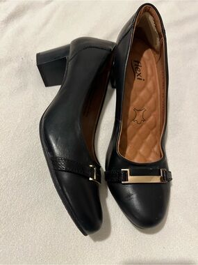 Flexi Black Leather Block Heel Pumps with Gold Bar Accent